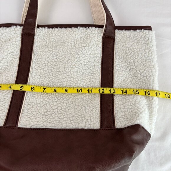 Lands End Sherpa Tote Bag Faux Leather Accents Cream Brown - Picture 13 of 15